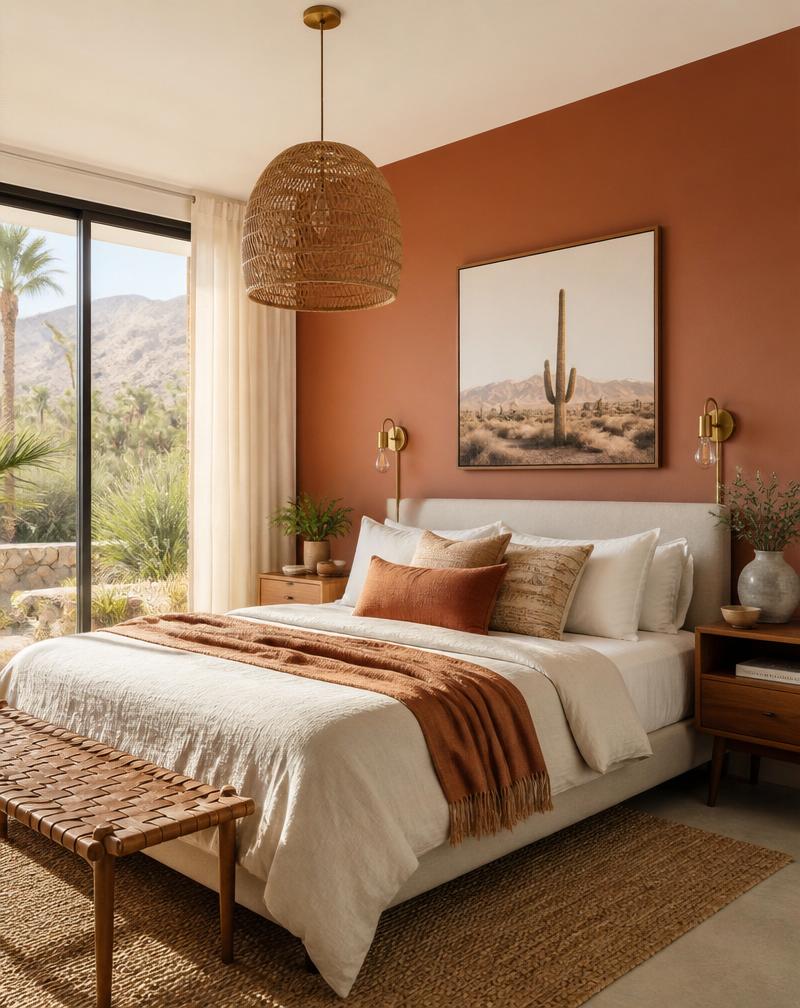 Serene desert modern bedroom with terracotta accent wall
