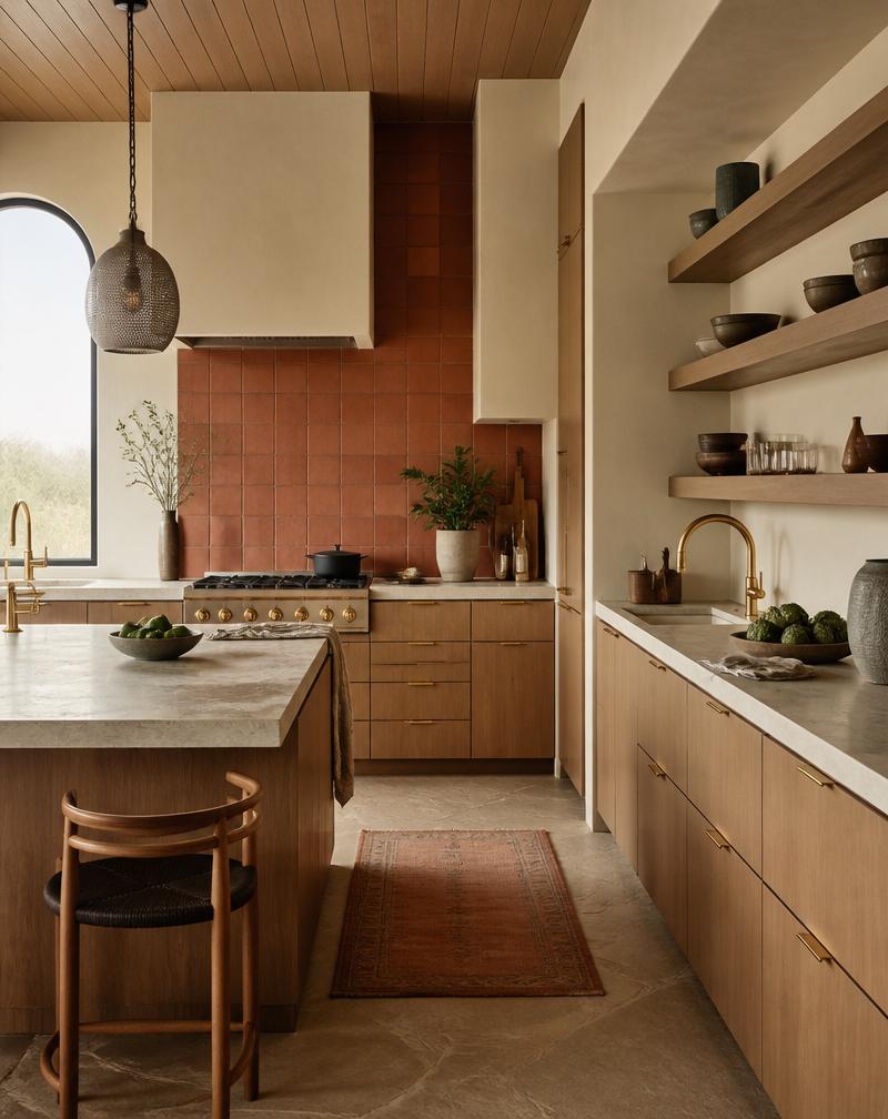 Modern desert kitchen with terracotta tile and brass fixtures