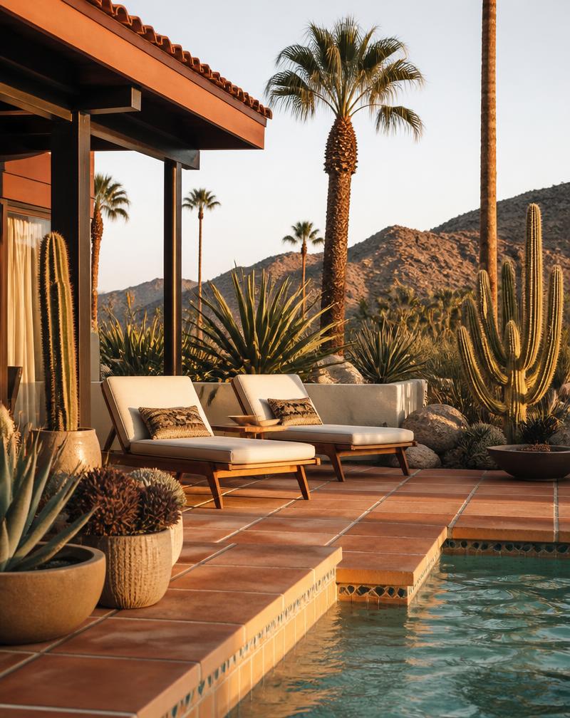 Palm Springs poolside patio lounge at golden hour